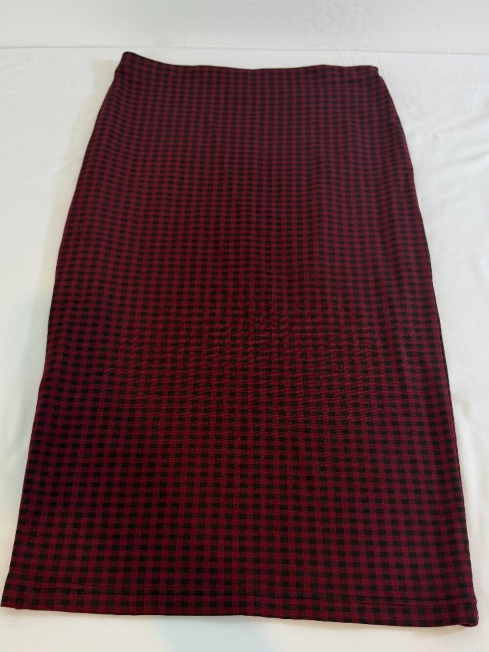 Sanctuary Burgundy Black Check Pencil Midi Skirt Women's Medium Stretch Pull On